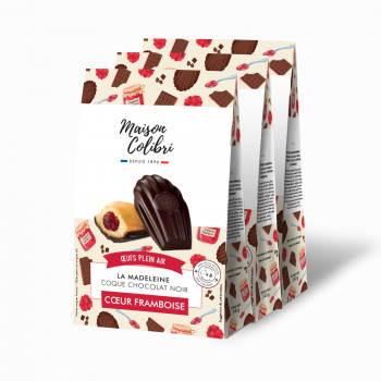 Madeleine nature, coeur framboise et coque chocolat noir