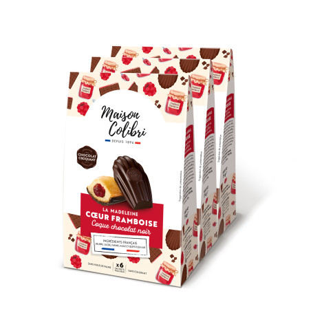 Lot de 3 sachets de madeleine coeur confiture de framboise et coque chocolat Lot de 3 sachets de madeleine coeur confiture de framboise et coque chocolat