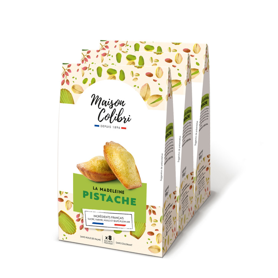 Lot de 3 sachets de madeleines Pistache. Nouveau format Maison Colibri.