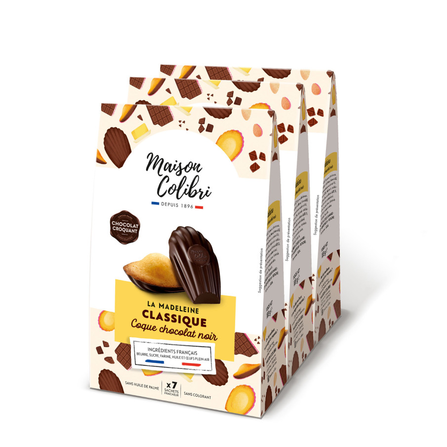 Lot de 3 sachets de madeleines nature coque chocolat noir. Nouveau format Maison Colibri.