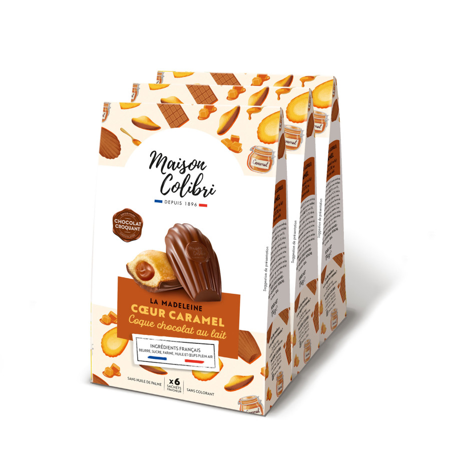 lot de 3 sachet de madeleines coeur caramel coque chocolat