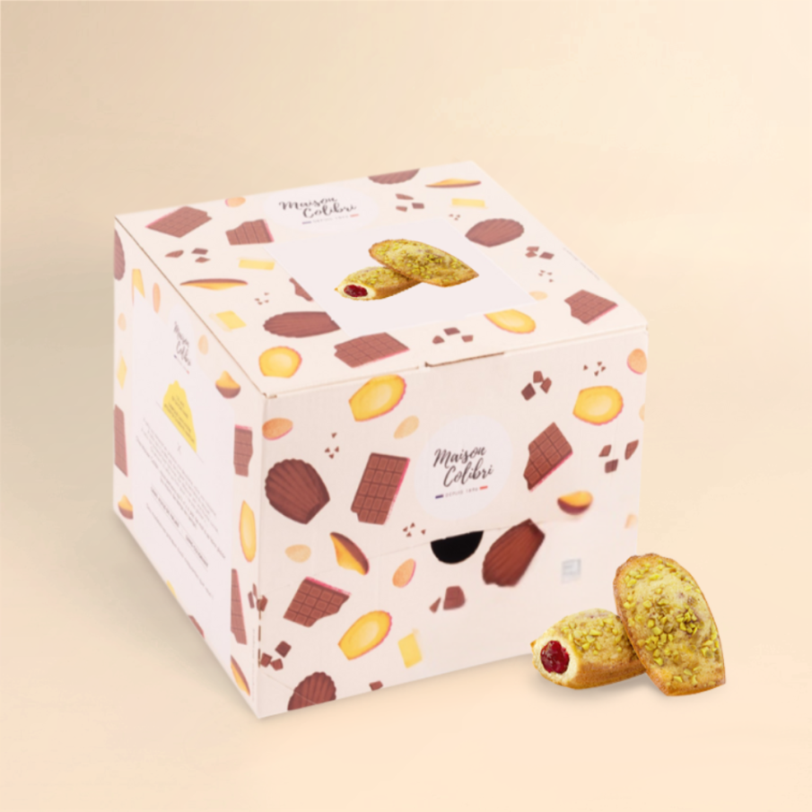 Boite Madeleines cœur cerise éclats de pistache - Nos archies