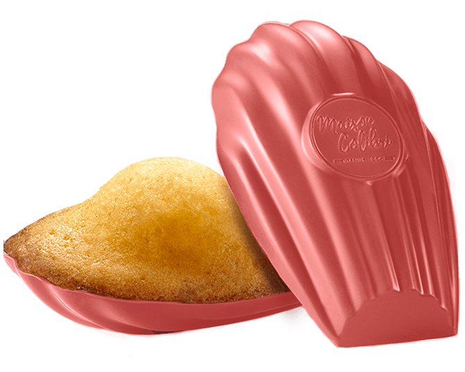 Madeleine moulded with white chocolate and raspberry