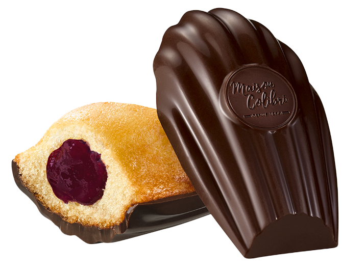 Madeleine with blueberry heart and dark chocolate shell