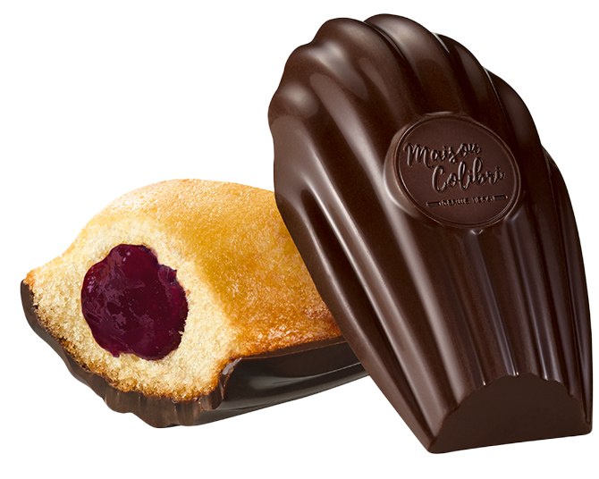 Madeleine coeur myrtille coque au chocolat noir